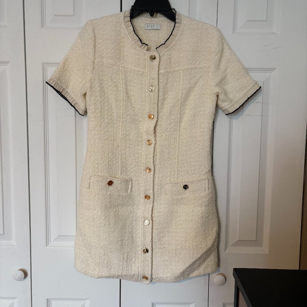 Sandro Cream Tweed Short-Sleeve Button Front Dress